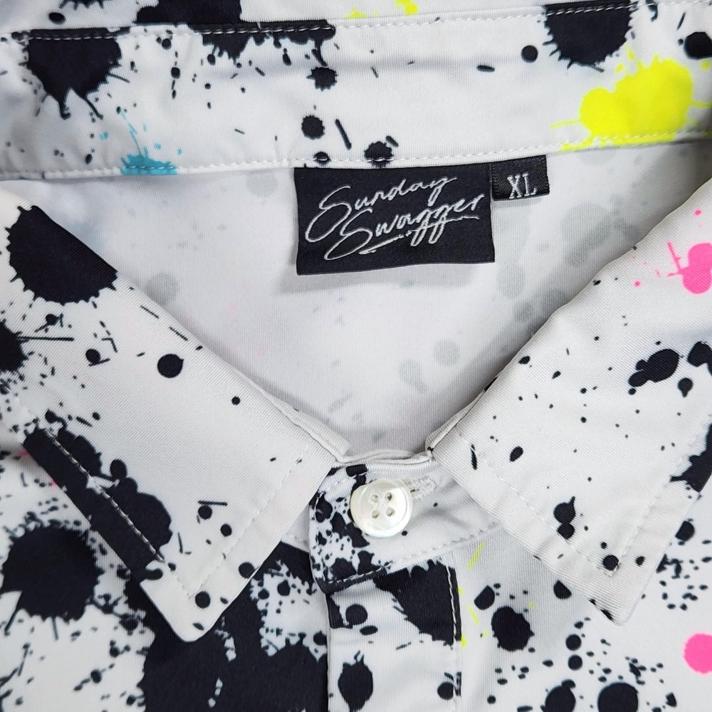 Sunday Swagger Polo Shirt Mens XL White Paint Splatter Golf Stretch Performance - Picture 3 of 12